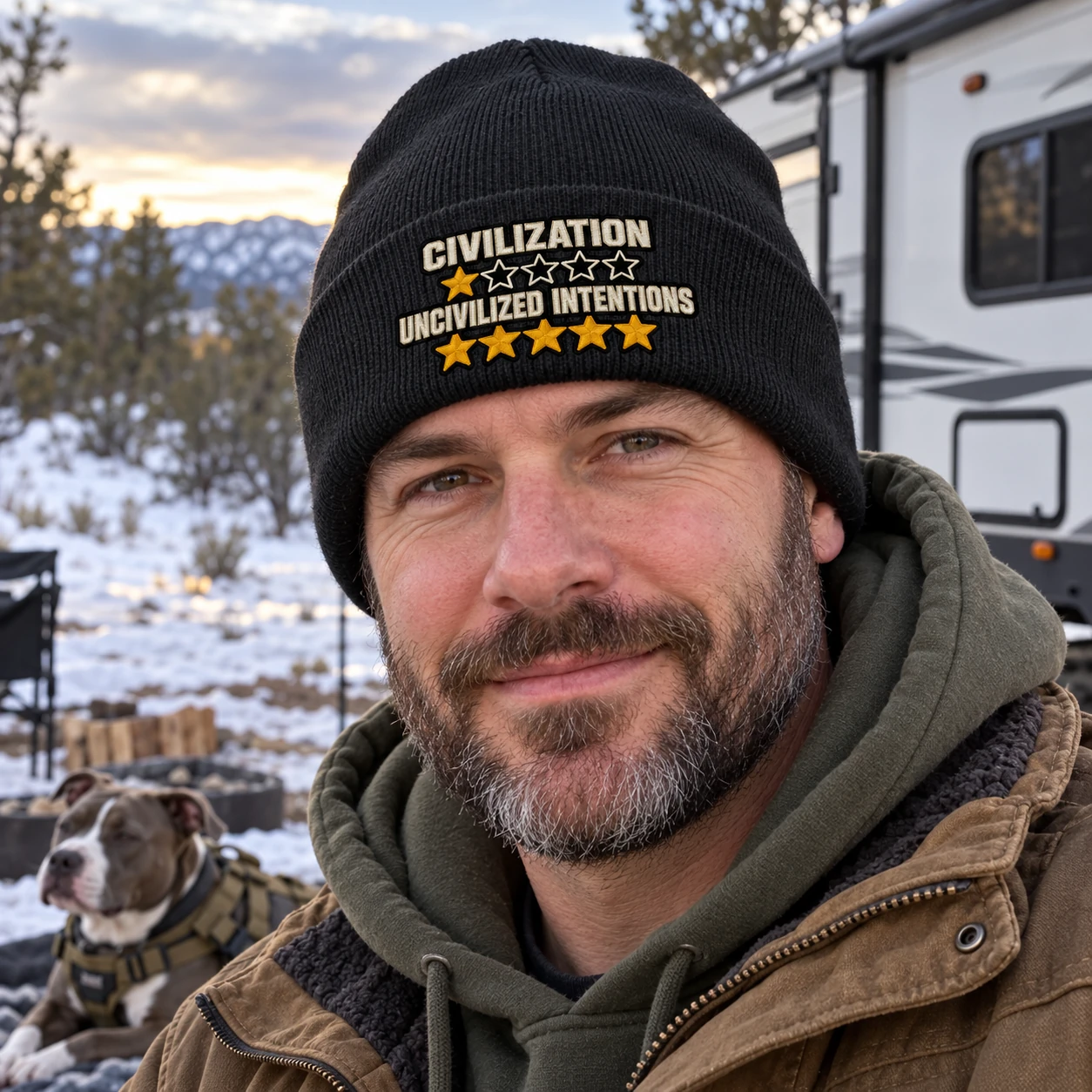 Traveler wearing the black Civilization Rating beanie at a winter RV campsite with a pit bull nearby