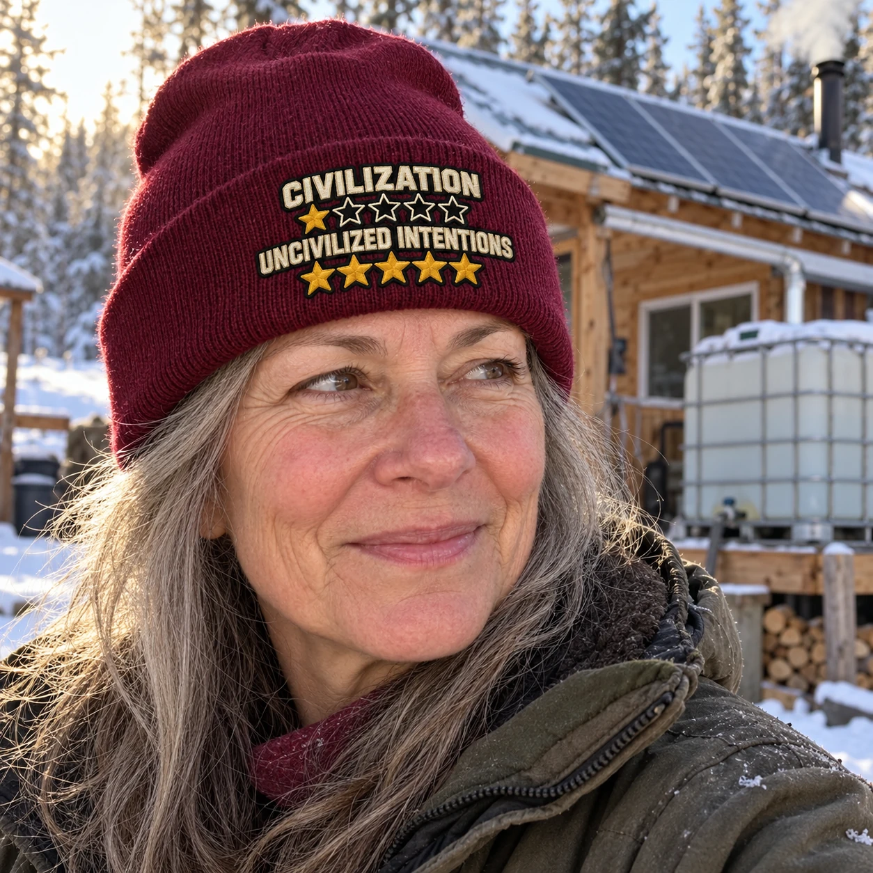 Woman wearing the maroon Civilization Rating beanie outside a solar-powered off-grid cabin