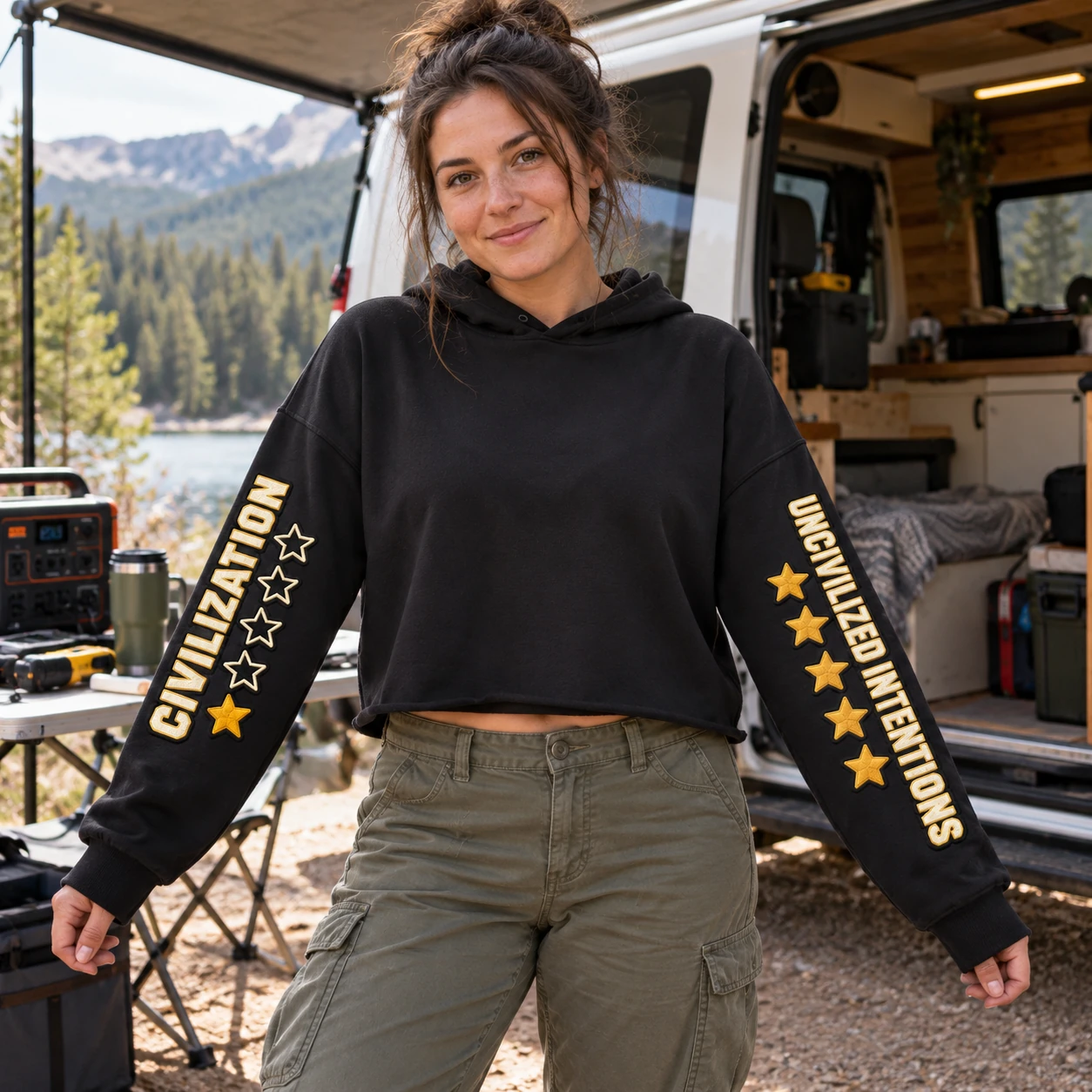 Uncivilized Intentions Two-Sleeve Crop Hoodie, Civilization One-Star Rating, Off-Grid Women’s Streetwear