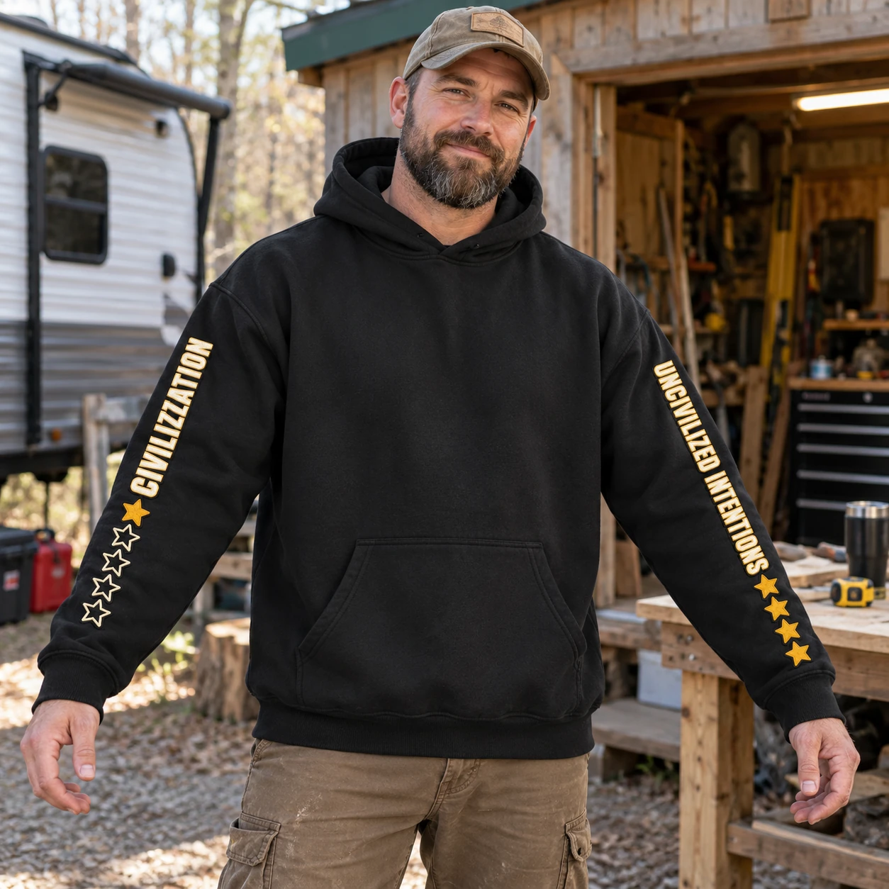 Uncivilized Intentions Two-Sleeve Oversized Hoodie, Civilization One-Star Rating, Off-Grid Streetwear, Unisex Pullover