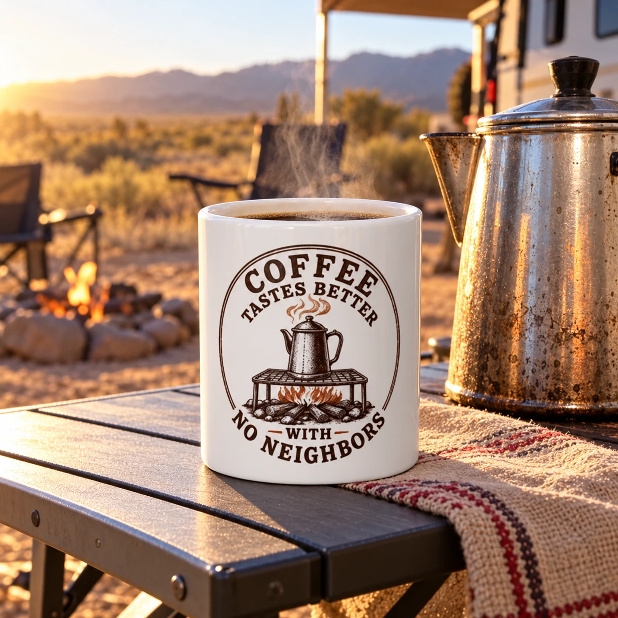 Coffee Tastes Better With No Neighbors 20oz Camp Mug - Large Off Grid Coffee Cup - Boondocking Homestead Gift