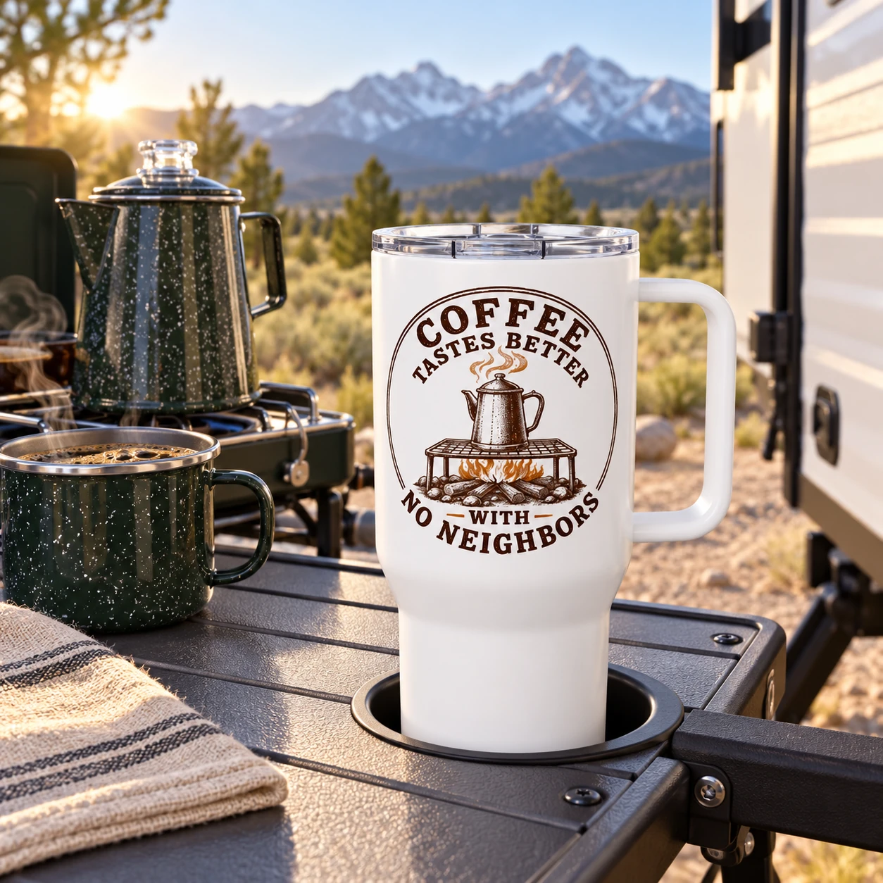 Coffee Tastes Better With No Neighbors 25oz Camp Travel Mug - Handled Off Grid Tumbler - Camping Gift