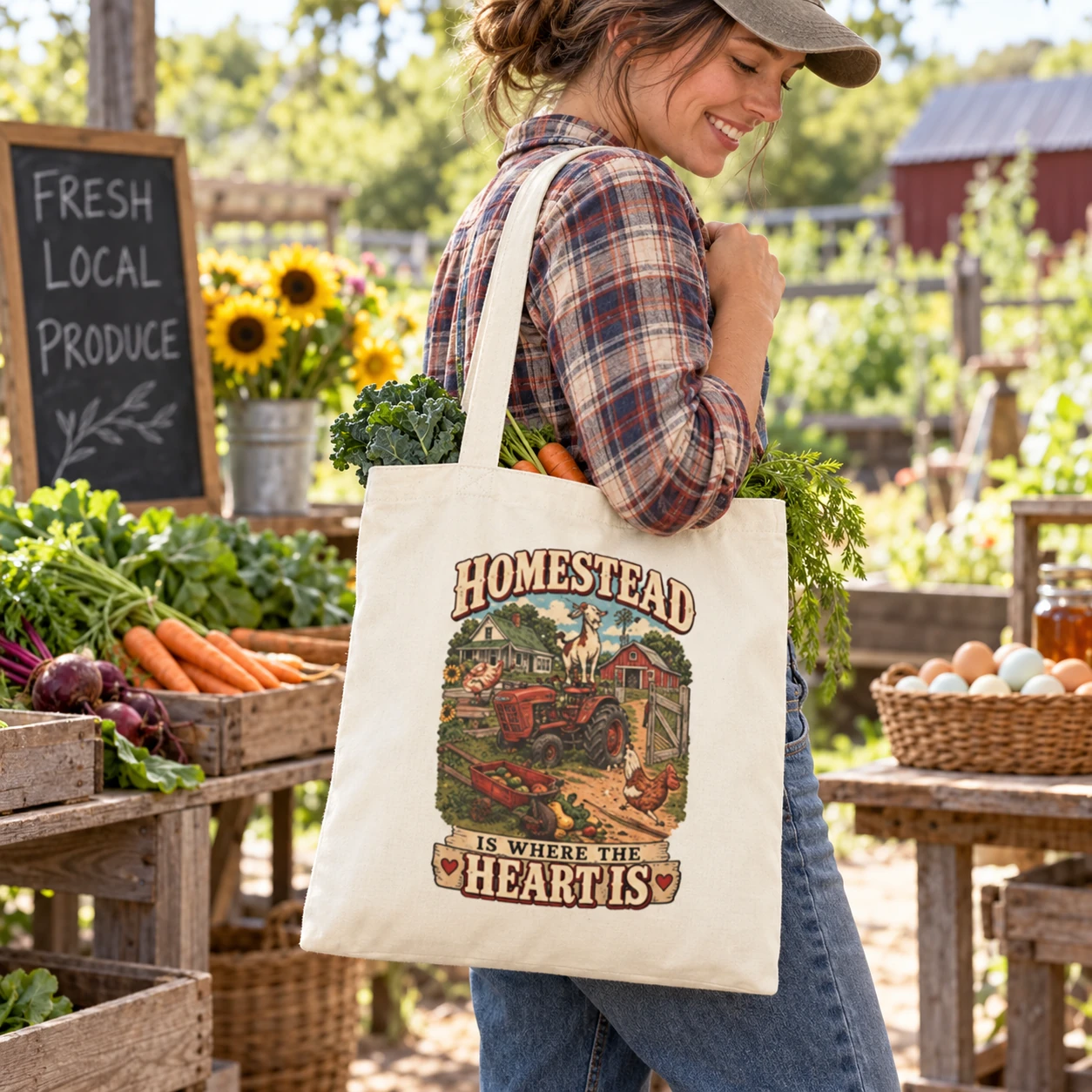 Homestead Is Where the Heart Is Tote Bag, Funny Farm Animals Canvas Shopping Bag