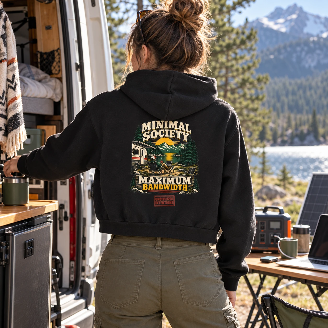 Minimal Society Maximum Bandwidth hoodie in an off-grid setting