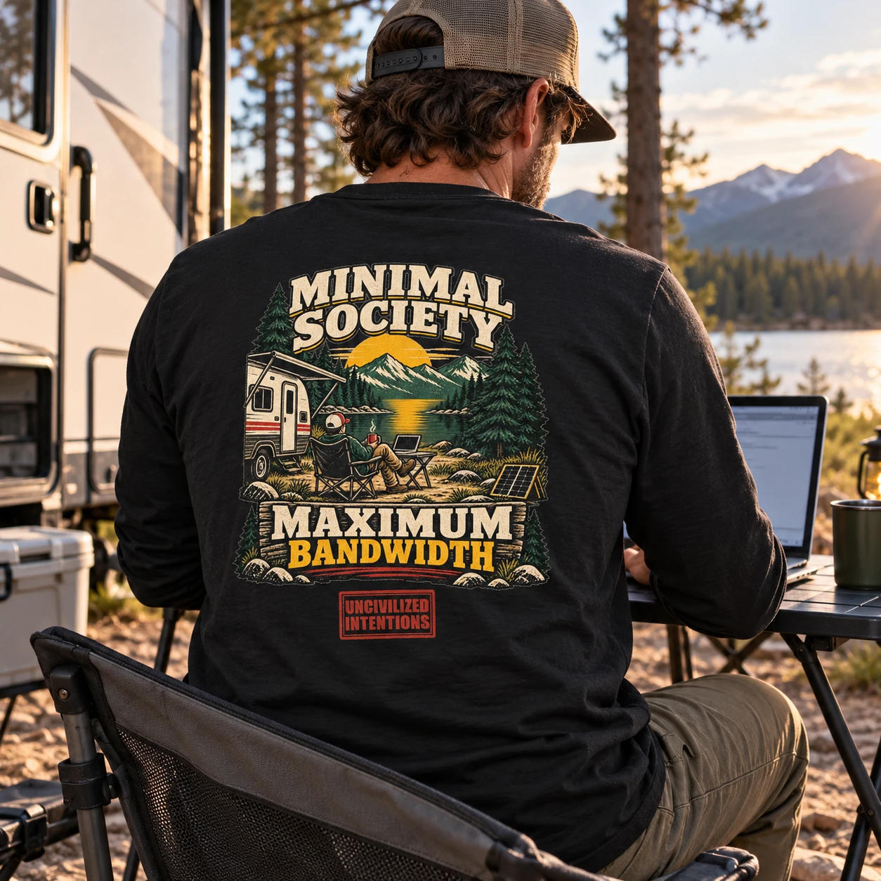 Minimal Society Maximum Bandwidth Long Sleeve Tee | Camping RV Retro Graphic