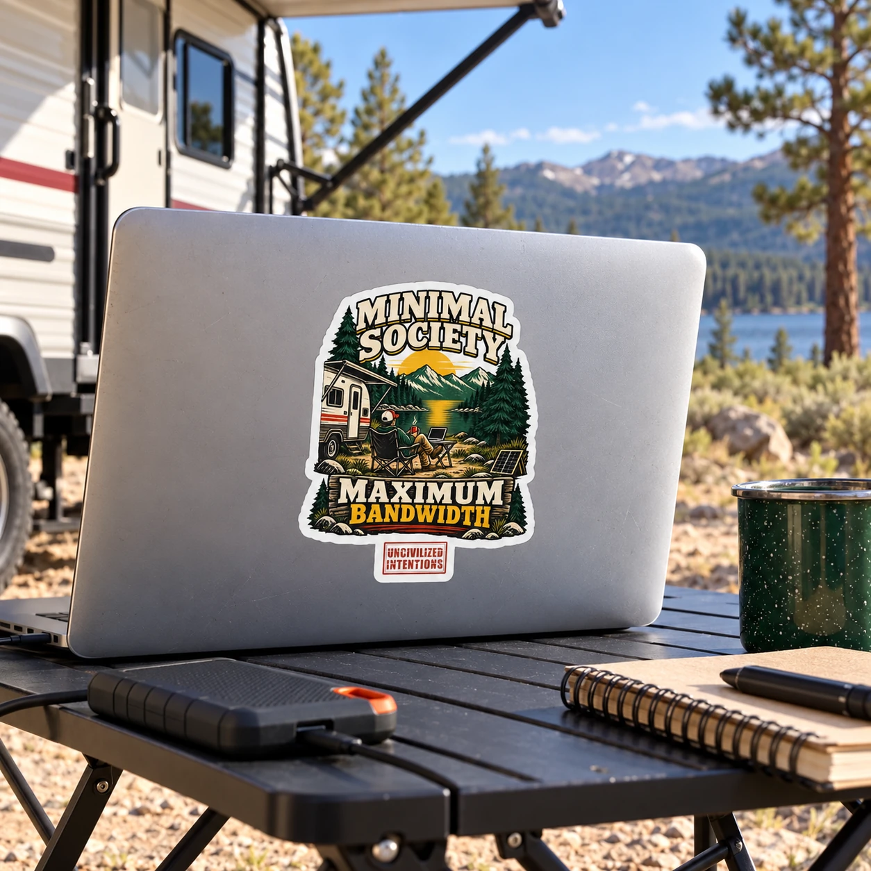 Minimal Society Maximum Bandwidth Sticker - RV Life Laptop Decal - Off Grid Digital Nomad Gift
