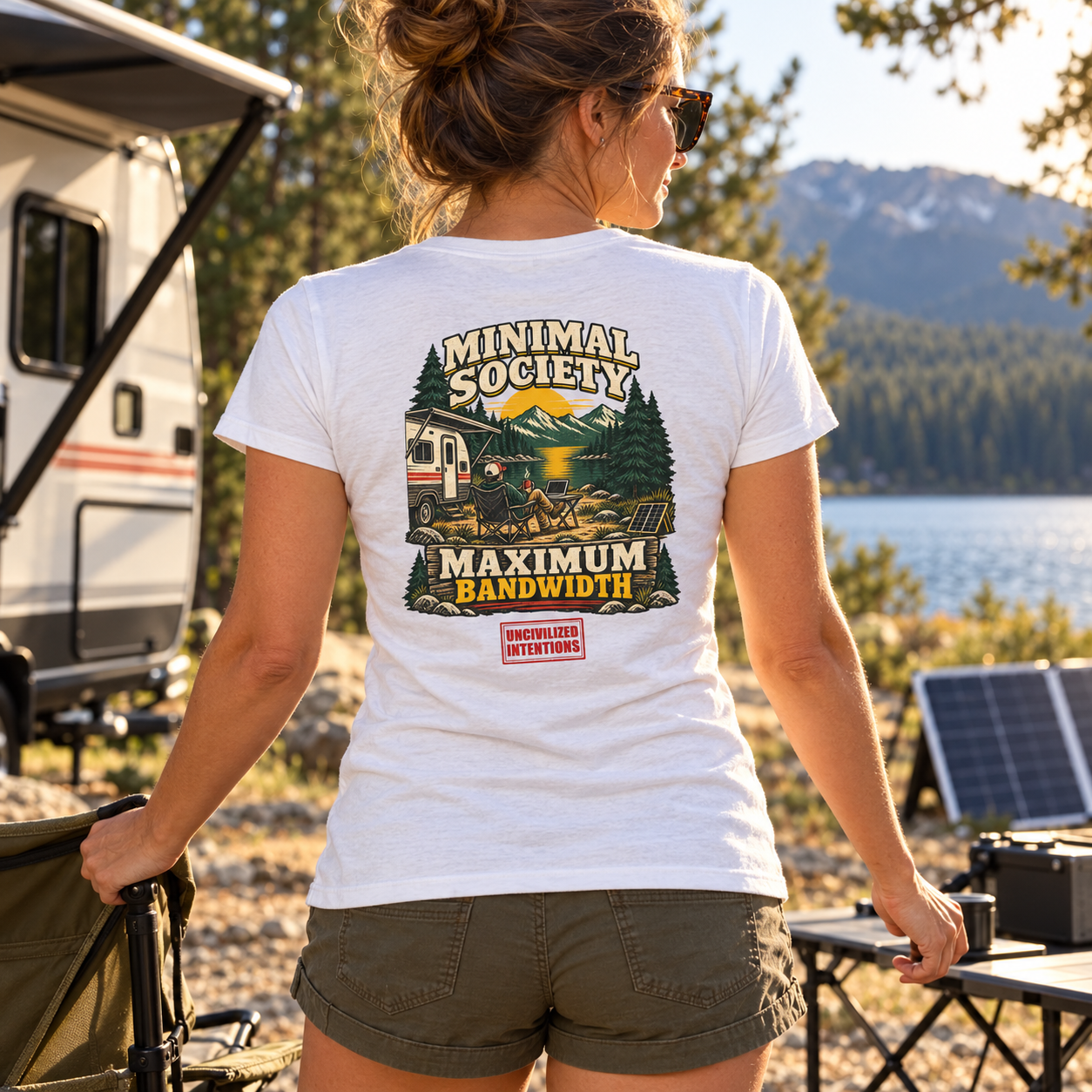 Minimal Society Maximum Bandwidth Women's Fitted Shirt - RV Life Tee - Off Grid Digital Nomad Gift