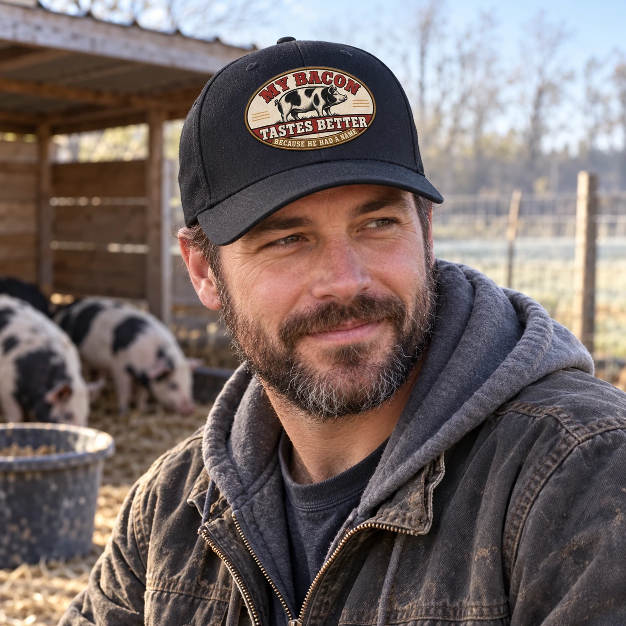 Homesteader wearing the black My Bacon Tastes Better Flexfit cap beside a practical pig shelter