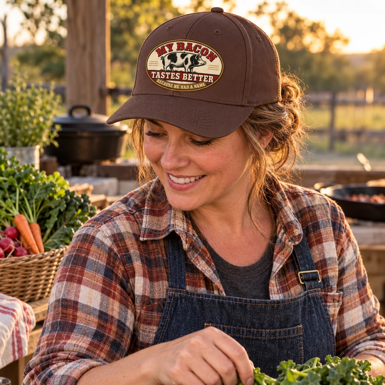 Woman wearing the brown My Bacon Tastes Better Flexfit cap at an outdoor homestead kitchen