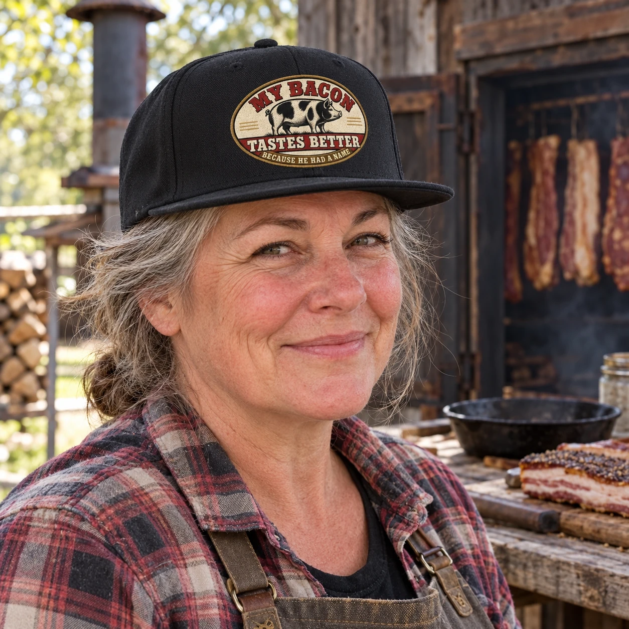 Woman wearing the black My Bacon Tastes Better snapback at a working homestead smokehouse