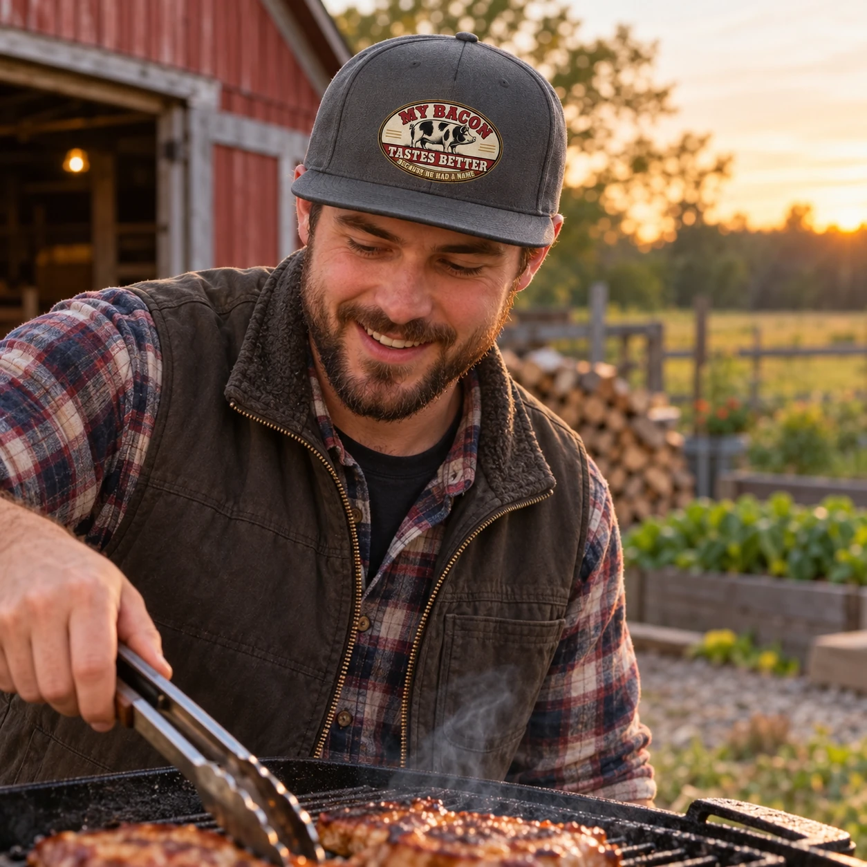 Man wearing the charcoal My Bacon Tastes Better snapback while cooking at a homestead grill