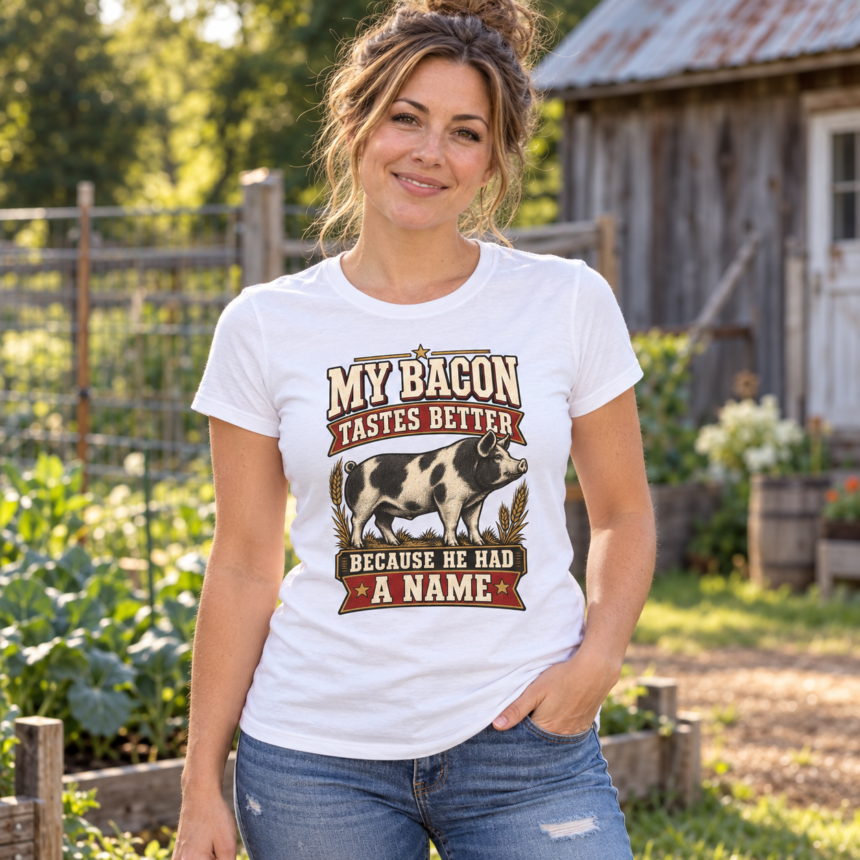 My Bacon Tastes Better Women's Shirt - Fitted Homestead Pig Tee - Farm Raised Food Gift