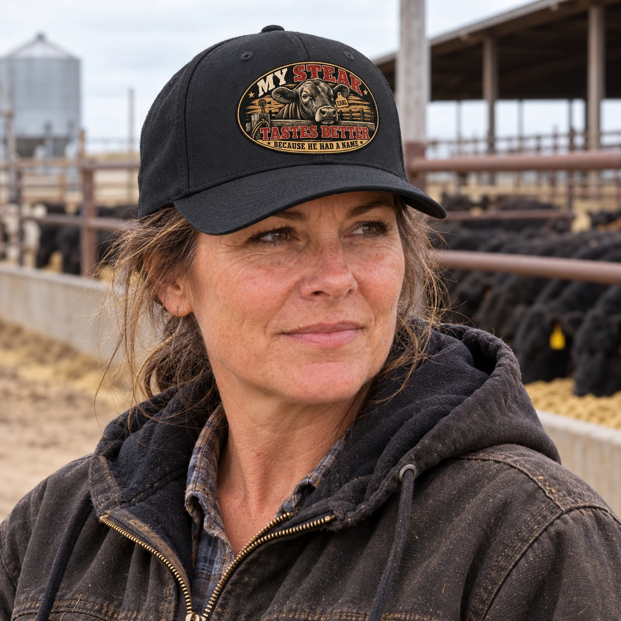 Woman wearing the black My Steak Tastes Better Flexfit cap at a working cattle feed area