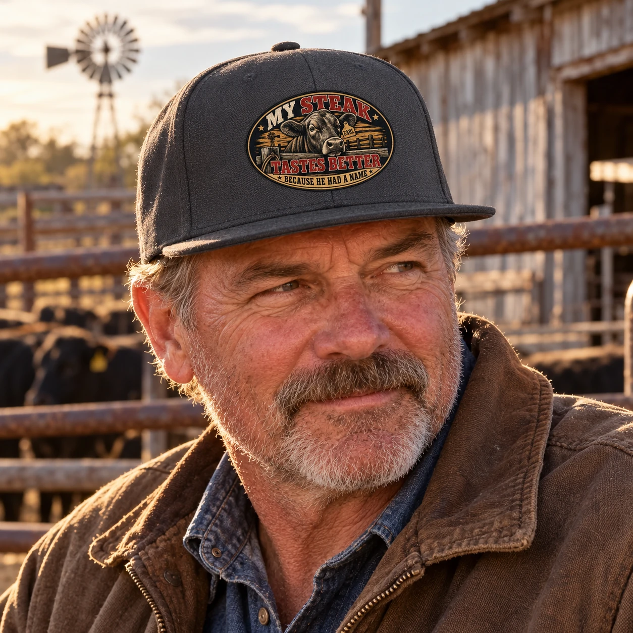 Rancher wearing the charcoal My Steak Tastes Better snapback near a working cattle fence
