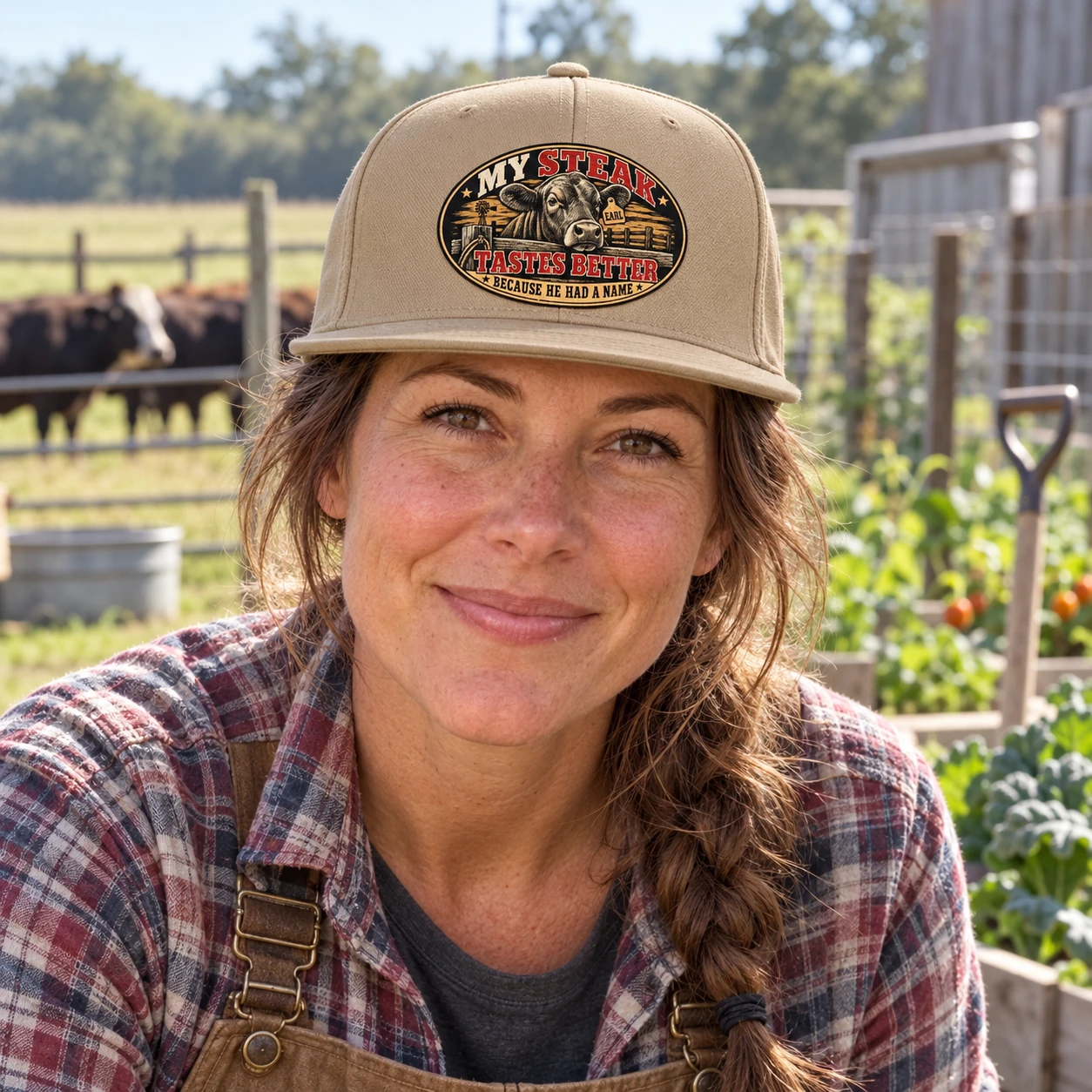 Woman wearing the khaki My Steak Tastes Better snapback in a working homestead garden