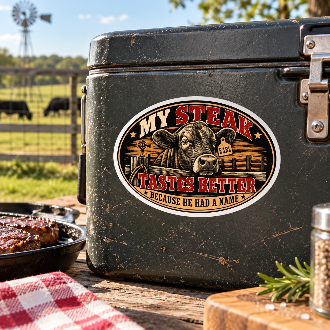 My Steak Tastes Better Sticker, Funny Homestead Cow Decal, Farm Raised Beef Gift