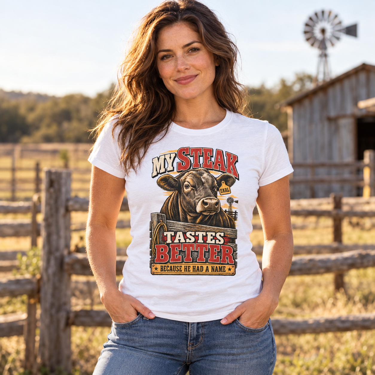 My Steak Tastes Better Women's Fitted Shirt - Funny Homestead Cow Tee - Farm Raised Beef Gift