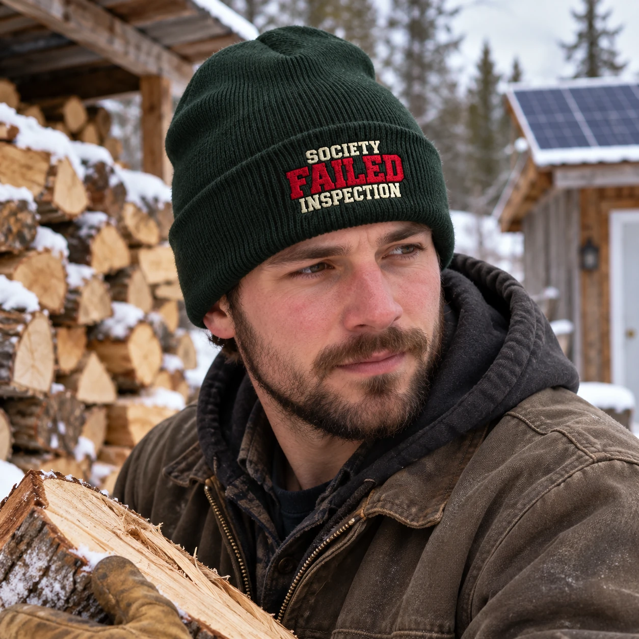Homesteader wearing the forest-green Society Failed Inspection beanie beside a winter woodpile and solar shed