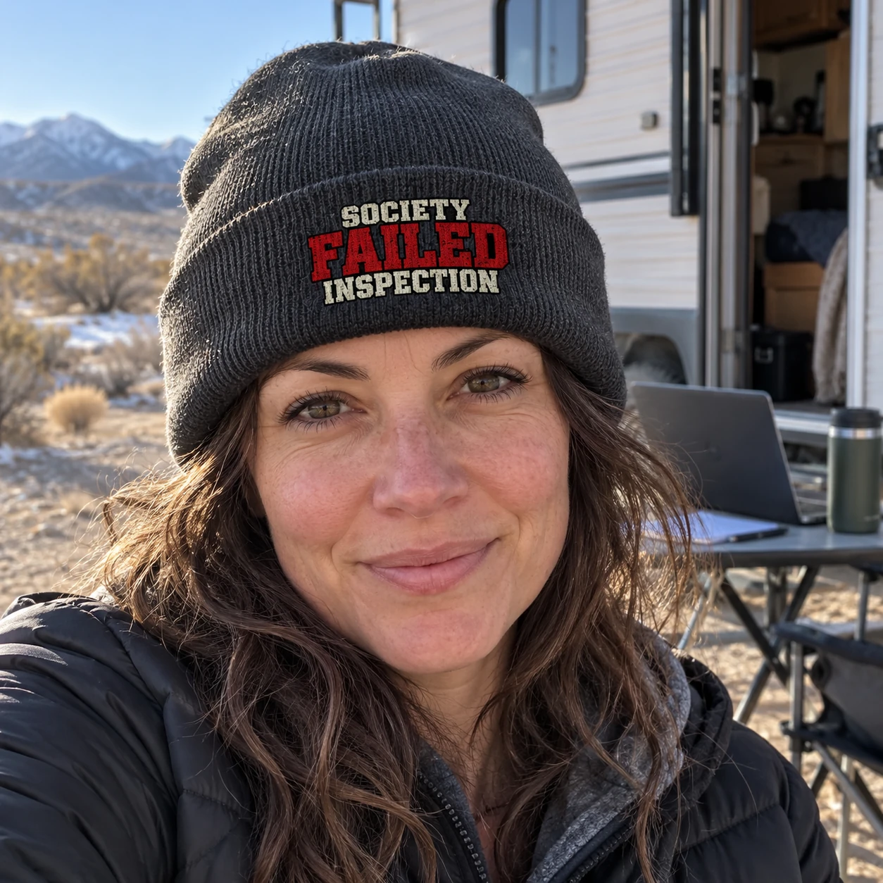 Digital nomad wearing the iron-grey Society Failed Inspection beanie beside a boondocking travel trailer