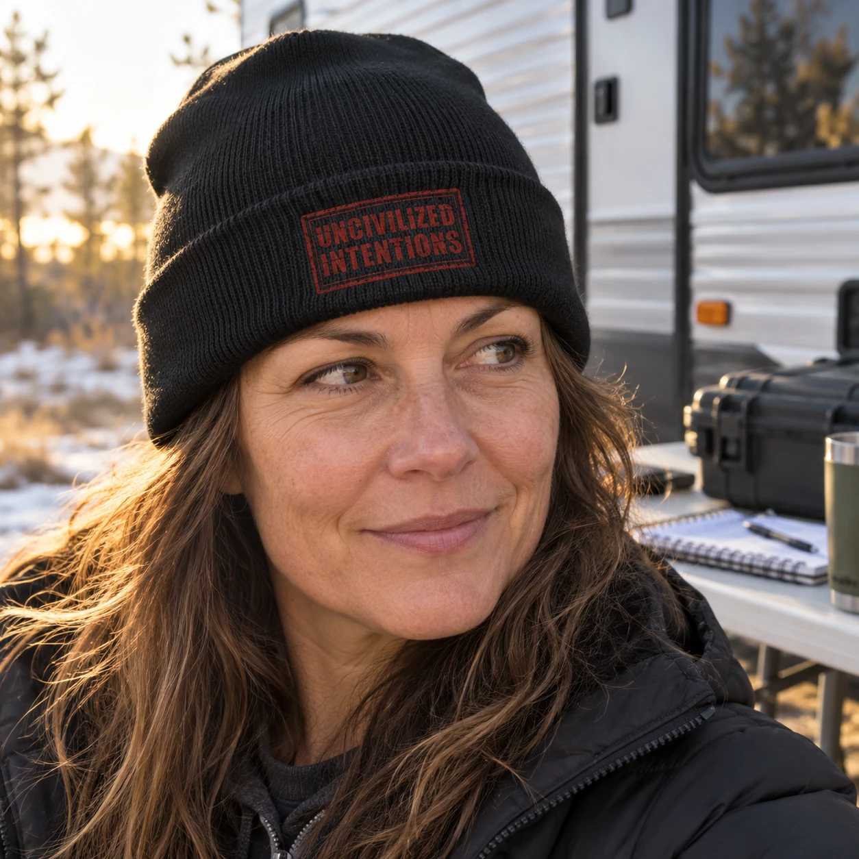 Mobile worker wearing the black Uncivilized Intentions stamp beanie beside a travel trailer worktable