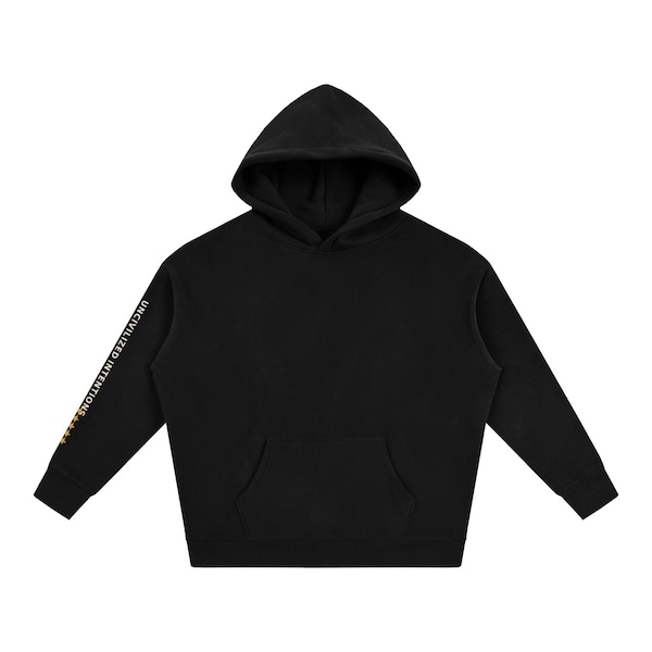 Black Civilization Rating oversized hoodie with the plain front and printed sleeve visible