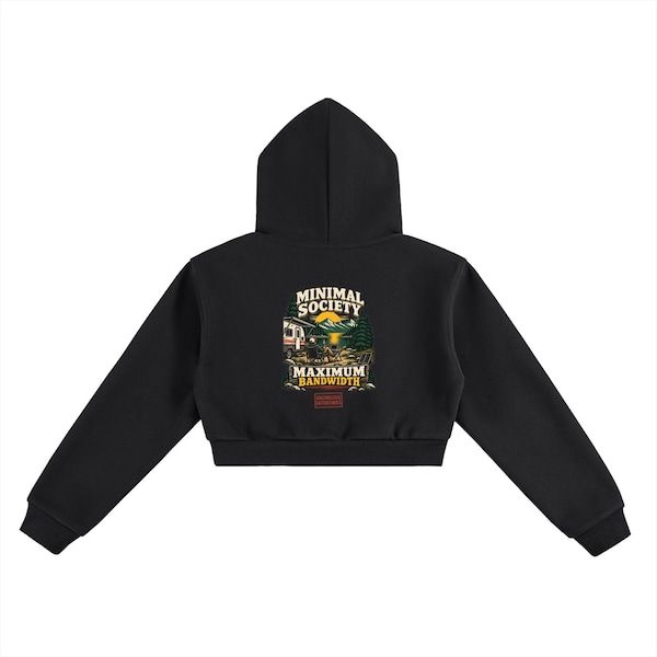 Black Minimal Society Maximum Bandwidth crop hoodie with the complete back design visible