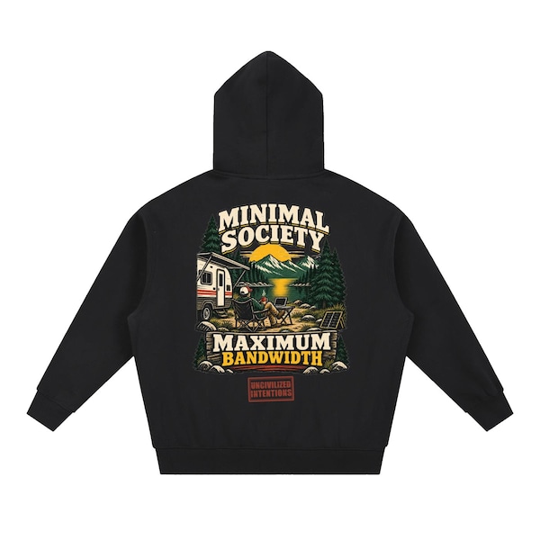 Black Minimal Society Maximum Bandwidth oversized hoodie with the complete back design visible