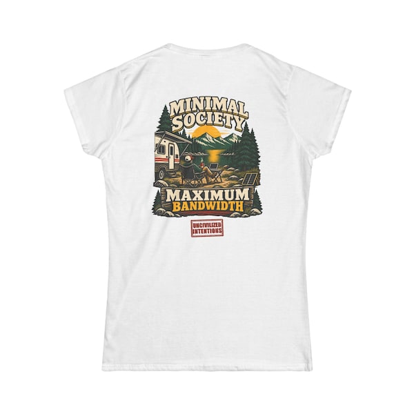 White Minimal Society Maximum Bandwidth women’s fitted shirt with the full back design visible