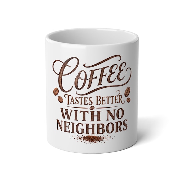White 20-ounce ceramic mug with the complete typographic coffee design visible