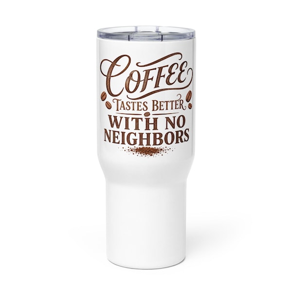 White 25-ounce travel mug with the complete typographic coffee design visible