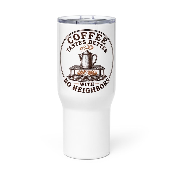 White 25-ounce handled travel mug with the complete circular percolator design visible