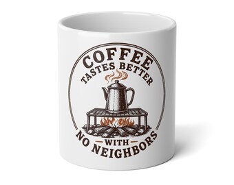 White 20-ounce camp mug with the complete circular percolator design visible