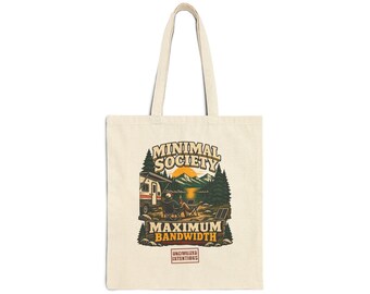 Cream Minimal Society Maximum Bandwidth canvas tote with the complete camper design visible