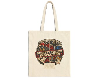 Cream Society Failed Inspection canvas tote with the complete badge design visible