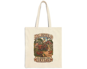 Cream Homestead Is Where the Heart Is canvas tote with the complete farm design visible