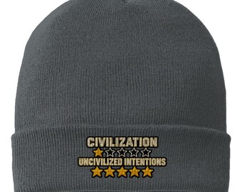 Iron Grey Civilization Rating cuffed beanie with its one-star and five-star embroidered ratings visible