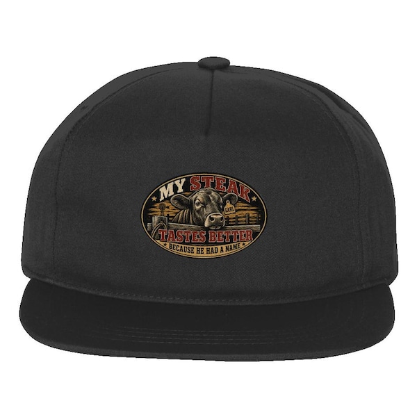 Black My Steak Tastes Better snapback with the centered oval patch visible