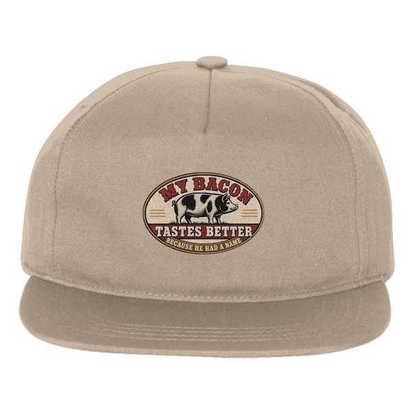 Khaki My Bacon Tastes Better snapback with the centered oval patch visible