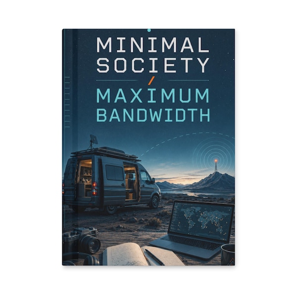 Dark blue Minimal Society Maximum Bandwidth hardcover journal with the complete cover design visible