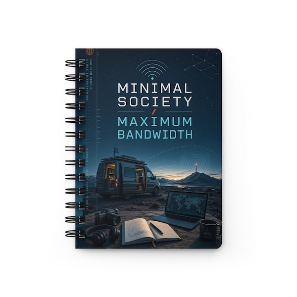 Dark blue Minimal Society Maximum Bandwidth spiral journal with the complete cover design visible