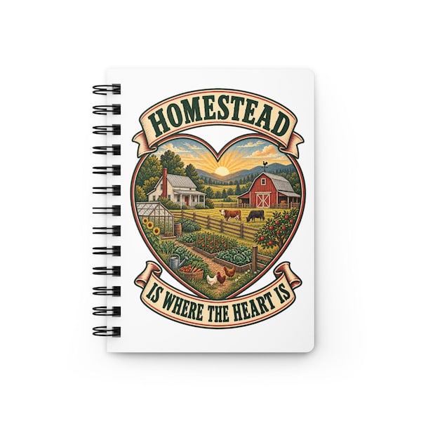 White Homestead Is Where the Heart Is spiral journal with the complete farm design visible