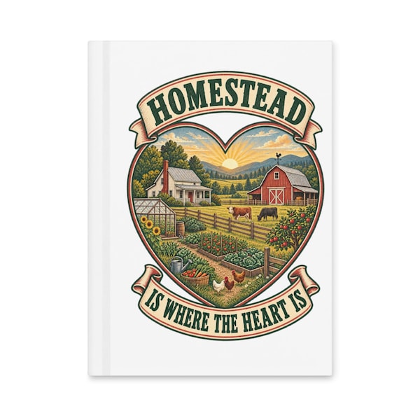 White Homestead Is Where the Heart Is hardcover journal with the complete farm design visible