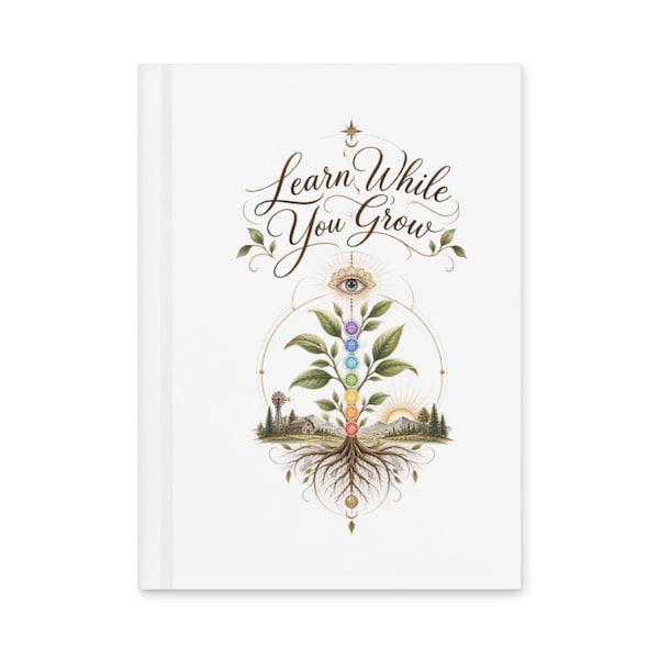 White Learn While You Grow hardcover journal with the complete botanical cover design visible