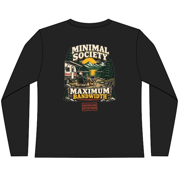 Black Minimal Society Maximum Bandwidth lightweight long-sleeve shirt with the complete back design visible