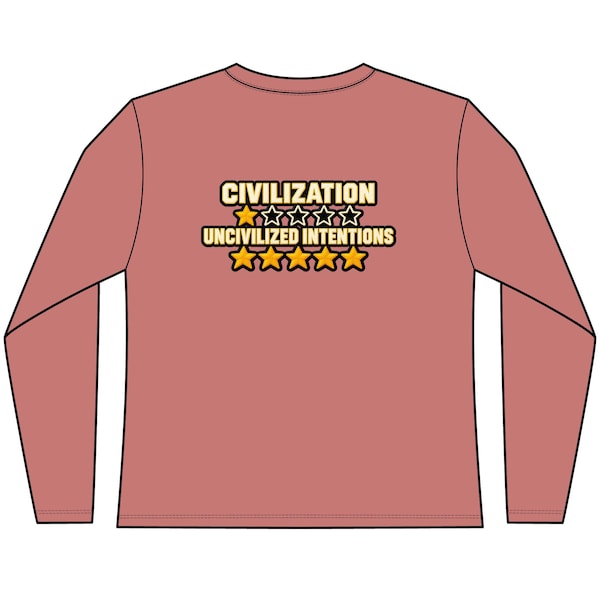 Dusty-rose Civilization Rating women’s fitted long-sleeve shirt with the complete back design visible