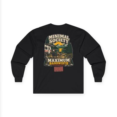 Black Minimal Society Maximum Bandwidth long-sleeve shirt with the full back design visible
