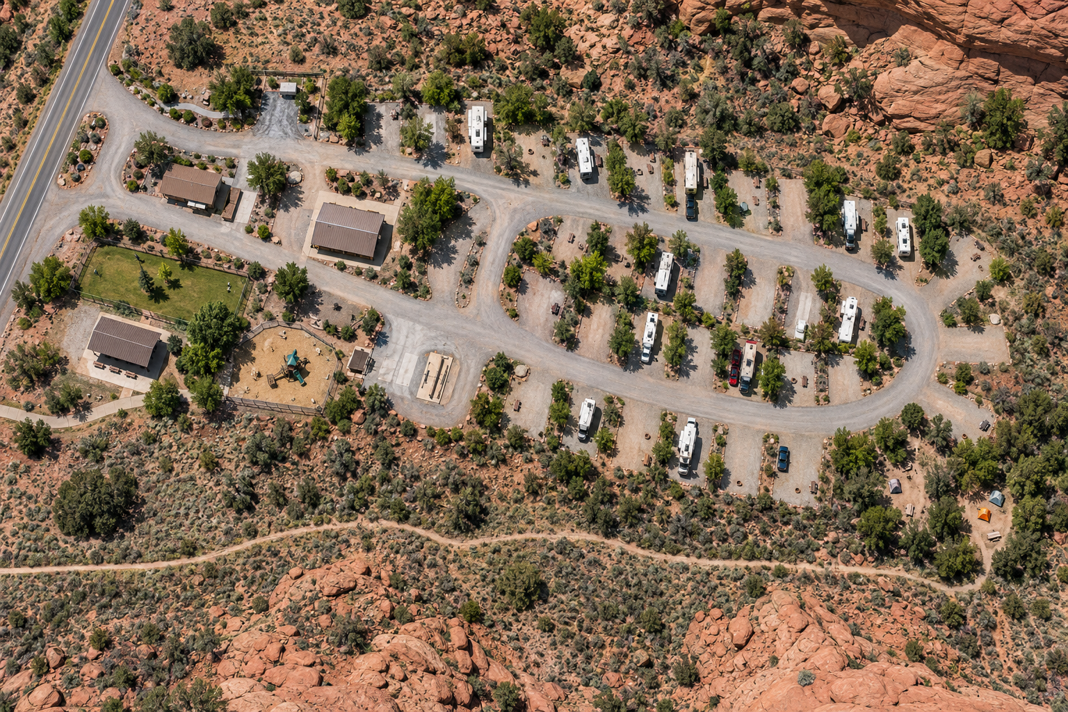 Realistic fictional high-desert RV campground aerial visualization